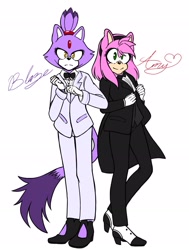 Size: 1548x2045 | Tagged: safe, artist:astrovalleyzone, amy rose, blaze the cat, cat, hedgehog, 2018, amy x blaze, cute, female, females only, lesbian, looking at viewer, shipping, tuxedo