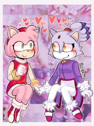 Size: 768x1024 | Tagged: safe, artist:franlinxjk_, amy rose, blaze the cat, cat, hedgehog, 2022, amy x blaze, amy's halterneck dress, blaze's tailcoat, blushing, cute, female, females only, hearts, holding hands, lesbian, looking at each other, shipping