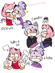 Size: 768x1024 | Tagged: safe, artist:franlinxjk_, amy rose, blaze the cat, cat, hedgehog, 2022, amy x blaze, amy's halterneck dress, blaze's tailcoat, blushing, crossover, cute, english text, eyes closed, female, females only, hand on cheek, holding hands, lesbian, rainbow, shipping, star (symbol), talking, the owl house