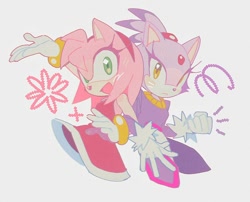 Size: 1240x1000 | Tagged: safe, artist:tnchxhrl03, amy rose, blaze the cat, cat, hedgehog, 2023, amy x blaze, amy's halterneck dress, blaze's tailcoat, cute, female, females only, flower, lesbian, looking at viewer, mouth open, shipping