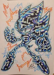 Size: 1471x2048 | Tagged: safe, artist:fsonic3, sonic the hedgehog, sonic forces, 2023, clenched teeth, commission, cyber form, cyber sonic, electricity, looking at viewer, signature, solo, sonic frontiers: final horizon, traditional media