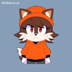 Size: 2048x2048 | Tagged: safe, ai art, artist:mobians.ai, oc, oc:tory fox, fox, beanie, blue background, brown fur, brown hair, ear fluff, edit, frown, hoodie, lesbian, looking at viewer, oc only, pants, prompter:taeko, red eyes, short hair, simple background, solo, standing, trans female, transgender