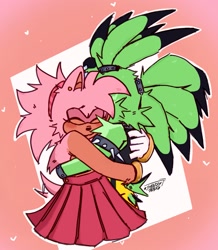 Size: 1187x1360 | Tagged: safe, artist:snazzytader, amy rose, surge the tenrec, 2023, abstract background, alternate outfit, amybetes, blushing, crack shipping, cute, duo, eyes closed, heart, hugging, lesbian, outline, shipping, signature, skirt, smile, surgamy, wagging tail