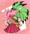Size: 1187x1360 | Tagged: safe, artist:snazzytader, amy rose, surge the tenrec, 2023, abstract background, alternate outfit, amybetes, blushing, crack shipping, cute, duo, eyes closed, heart, hugging, lesbian, outline, shipping, signature, skirt, smile, surgamy, wagging tail