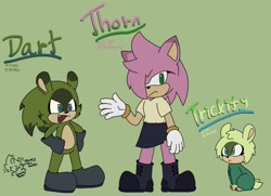 Size: 1764x1279 | Tagged: safe, artist:strawbee-strawberries, oc, oc:dart, oc:thorn, oc:trickity, hedgehog, hybrid, tenrec, 2023, baby, character name, child, fankid, flat colors, frown, green background, hair over one eye, hedgerec, magical lesbian spawn, next generation, parent:amy, parent:surge, parents:surgamy, siblings, signature, simple background, smile, standing, trio