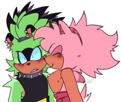 Size: 1402x1185 | Tagged: safe, artist:snazzytader, amy rose, surge the tenrec, 2023, alternate outfit, blushing, clenched teeth, crack shipping, duo, eyes closed, kiss on cheek, lesbian, nuzzle, shipping, skirt, smile, spiked collar, standing, surgamy, wagging tail