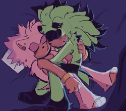 Size: 1839x1620 | Tagged: safe, artist:snazzytader, amy rose, surge the tenrec, 2023, abstract background, barefoot, crack shipping, cuddling, duo, eyes closed, floppy ear, gloves off, holding each other, lesbian, lying down, shipping, sleeping, surgamy