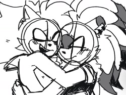 Size: 1982x1494 | Tagged: safe, artist:snazzytader, amy rose, surge the tenrec, 2023, blushing, crack shipping, duo, eyes closed, hugging, lesbian, lidded eyes, line art, looking at them, mouth open, shipping, simple background, sketch, smile, surgamy, white background