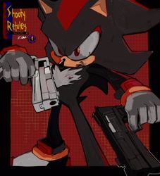 Size: 1860x2048 | Tagged: safe, artist:bonelessbastion, shadow the hedgehog, 2023, abstract background, blood, blood stain, border, gun, holding something, looking at viewer, signature, solo, standing