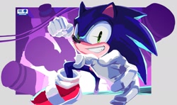 Size: 2048x1209 | Tagged: safe, artist:lincolnthemop, sonic the hedgehog, sonic dream team, 2023, abstract background, clenched teeth, imminent punch, looking at viewer, redraw, smile, solo, this will end in pain
