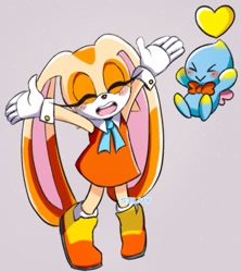 Size: 709x800 | Tagged: safe, artist:silvykinesis, cheese (chao), cream the rabbit, chao, sonic dream team, 2023, arms up, blushing, cheeseabetes, creamabetes, cute, duo, eyes closed, flying, grey background, heart, mouth open, neutral chao, simple background, smile, standing
