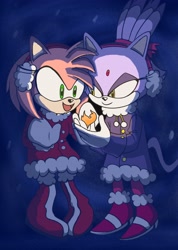 Size: 2909x4096 | Tagged: safe, artist:6sky_valkyrie, amy rose, blaze the cat, cat, hedgehog, 2022, amy x blaze, cute, female, females only, flame, lesbian, mouth open, shipping, winter, winter outfit