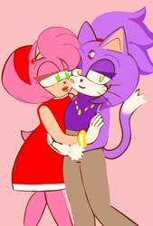 Size: 1181x1748 | Tagged: safe, artist:pineapplesmothi, amy rose, blaze the cat, cat, hedgehog, 2022, amy x blaze, amy's halterneck dress, cute, female, females only, lesbian, lipstick, looking at viewer, shipping