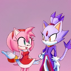 Size: 1000x1000 | Tagged: safe, artist:white_vooid, amy rose, blaze the cat, cat, hedgehog, 2022, amy x blaze, amy's halterneck dress, blaze's tailcoat, cute, female, females only, lesbian, looking at each other, shipping