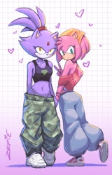 Size: 1313x2048 | Tagged: safe, artist:zepiezepie, amy rose, blaze the cat, cat, hedgehog, 2022, amy x blaze, cute, female, females only, hearts, lesbian, looking at viewer, peace sign, shipping