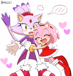 Size: 2000x2056 | Tagged: safe, artist:4622j, amy rose, blaze the cat, cat, hedgehog, 2021, amy x blaze, amy's halterneck dress, blaze's tailcoat, cute, eyes closed, female, females only, hearts, hugging, lesbian, looking at viewer, mouth open, shipping, tail wagging