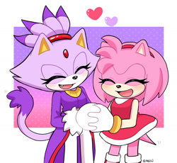 Size: 1285x1183 | Tagged: safe, artist:4622j, amy rose, blaze the cat, cat, hedgehog, 2022, amy x blaze, amy's halterneck dress, blaze's tailcoat, blushing, cute, eyes closed, female, females only, hearts, holding hands, lesbian, mouth open, shipping