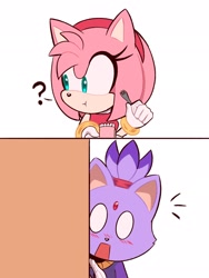 Size: 1536x2048 | Tagged: safe, artist:suyin_toons, amy rose, blaze the cat, cat, hedgehog, 2023, amy x blaze, amy's halterneck dress, blaze's tailcoat, cake, cute, eating, female, females only, fork, lesbian, looking at them, question mark, shipping, shocked