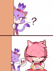 Size: 1536x2048 | Tagged: safe, artist:suyin_toons, amy rose, blaze the cat, cat, hedgehog, 2023, amy x blaze, amy's halterneck dress, blaze's tailcoat, cake, cute, eating, exclamation mark, eyes closed, female, females only, fork, lesbian, looking at them, question mark, shipping