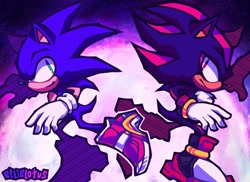 Size: 2048x1487 | Tagged: safe, artist:ellielotusart, shadow the hedgehog, sonic the hedgehog, sonic adventure 2, 2023, abstract background, duo, frown, mid-air, posing, redraw, riders style, smile, soap shoes