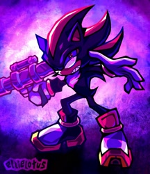 Size: 1768x2048 | Tagged: safe, artist:ellielotusart, shadow the hedgehog, 2023, abstract background, bazooka, clenched teeth, holding something, redraw, shadow the hedgehog (video game), signature, solo, standing