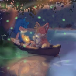 Size: 1280x1280 | Tagged: safe, artist:giaoux, miles "tails" prower, sonic the hedgehog, 2023, abstract background, blushing, boat, date, duo, eyes closed, gay, holding something, lake, outdoors, shipping, signature, sitting, smile, sonic x tails, tree, water