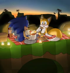 Size: 1119x1169 | Tagged: safe, artist:tailsfann1992, miles "tails" prower, sonic the hedgehog, green hill zone, 2023, abstract background, blanket, blushing, candle, cookie, date, duo, food, gay, holding something, looking at each other, loop, outdoors, palm tree, picnic, shipping, sitting, sonic x tails, sunset