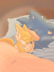 Size: 768x1024 | Tagged: safe, artist:giaoux, miles "tails" prower, sonic the hedgehog, 2023, bed, cuddling, cute, duo, eyes closed, floppy ears, gay, holding each other, indoors, mouth open, pillow, shipping, signature, sleeping, sonic x tails