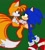 Size: 1080x1200 | Tagged: safe, artist:riri_galpal, miles "tails" prower, sonic the hedgehog, 2023, alternate universe, barefoot, duo, gay, glowing, green background, holding each other, kitsune, looking at each other, scar, shipping, signature, simple background, smile, sonic x tails, standing