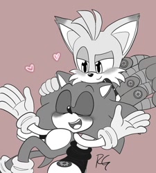 Size: 922x1024 | Tagged: safe, artist:riri_galpal, miles "tails" prower, nine, sonic the hedgehog, sonic prime, 2023, blushing, duo, eyes closed, gay, greyscale, hand on another's head, heart, looking at them, mouth open, nine x sonic, pink background, shipping, signature, simple background, sitting, sonic x tails