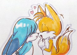 Size: 2048x1463 | Tagged: safe, artist:tomii_pepe, kit the fennec, miles "tails" prower, 2023, blushing, cute, duo, eye clipping through hair, eyes closed, gay, kitabetes, kitails, mouth open, nuzzle, shipping, standing, tailabetes, traditional media