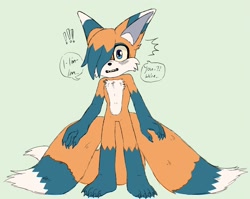 Size: 2048x1628 | Tagged: safe, artist:butchiire, fox, hybrid, barefoot, claws, dialogue, english text, exclamation mark, fennec, fusion, fusion:kit, fusion:tails, green background, hair over one eye, looking ahead, simple background, solo, speech bubble, standing, three tails