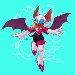 Size: 2031x2048 | Tagged: safe, artist:cherbearsz, rouge the bat, flying, heart, looking at viewer, simple background, smile, solo, turquoise background, wink