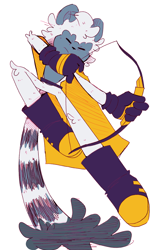 Size: 1200x1928 | Tagged: safe, artist:head---ache, oc, oc:aim the lemur, lemur, arrow, bow (weapon), demiboy, eyes closed, fankid, frown, holding something, magical lesbian spawn, pansexual, parent:tangle, parent:whisper, parents:whispangle, simple background, tail stand, white background