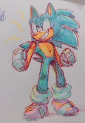 Size: 1419x2048 | Tagged: safe, artist:larabar, sonic the hedgehog, clenched fists, looking ahead, sketch, smile, solo, standing, traditional media