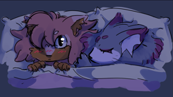 Size: 891x503 | Tagged: safe, artist:nightgarla, amy rose, blaze the cat, abstract background, amy x blaze, bed, blushing, duo, frown, indoors, lesbian, one eye closed, shipping, sleeping, sleepover, whiskers