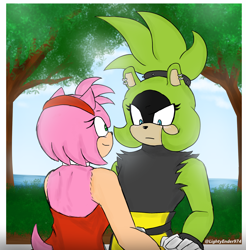 Size: 2000x2030 | Tagged: safe, artist:lighty-ender974, amy rose, surge the tenrec, abstract background, daytime, duo, frown, holding hands, lesbian, outdoors, shipping, signature, smile, surgamy, tree