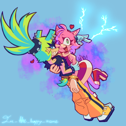 Size: 2048x2048 | Tagged: safe, artist:painkosmic, amy rose, surge the tenrec, abstract background, amybetes, cute, duo, electricity, heart, holding each other, lesbian, shipping, signature, surgamy, wagging tail, wink