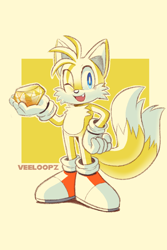 Size: 960x1440 | Tagged: safe, artist:veeloopz, miles "tails" prower, abstract background, border, chaos emerald, hand on hip, holding something, one fang, signature, smile, solo, standing, wink