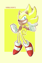 Size: 960x1440 | Tagged: safe, artist:veeloopz, sonic the hedgehog, super sonic, abstract background, border, clenched fist, pointing, pointing at viewer, signature, smile, solo, super form