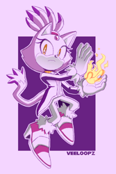 Size: 960x1440 | Tagged: safe, artist:veeloopz, blaze the cat, abstract background, border, fire, flame, frown, looking at viewer, outline, signature, solo