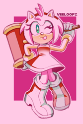 Size: 960x1440 | Tagged: safe, artist:veeloopz, amy rose, abstract background, holding something, outline, piko piko hammer, smile, solo, standing, tongue out, wink