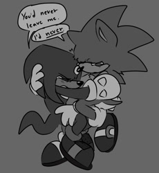 Size: 1215x1320 | Tagged: safe, artist:knuckie-head, knuckles the echidna, sonic the hedgehog, comforting, crying, duo, eyes closed, gay, grey background, greyscale, holding each other, knuxonic, monochrome, shipping, simple background, tears, tears of sadness