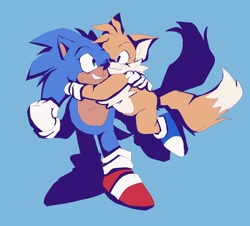 Size: 2048x1853 | Tagged: safe, artist:sonicattos, miles "tails" prower, sonic the hedgehog, blue background, blue shoes, clenched fist, duo, eyelashes, holding each other, simple background, smile, standing