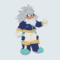 Size: 2048x2048 | Tagged: safe, artist:sonicattos, silver the hedgehog, belt, chest fluff, clothes, eyelashes, frown, grey background, jacket, looking offscreen, neck fluff, pants, redesign, simple background, solo