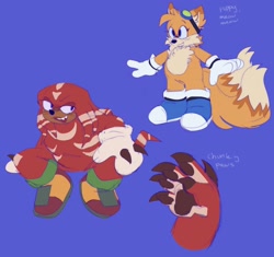 Size: 2048x1927 | Tagged: safe, artist:sonicattos, knuckles the echidna, miles "tails" prower, blue background, blue shoes, claws, cute, duo, english text, goggles, pawpads, paws, redesign, simple background, smile, squatting, tailabetes, trans female, transgender