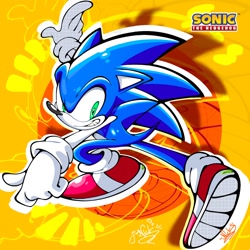 Size: 1280x1280 | Tagged: safe, artist:notnicknot, sonic the hedgehog, 2023, abstract background, logo, posing, smile, solo