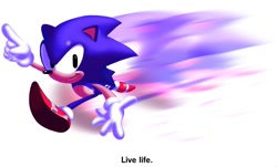 Size: 915x551 | Tagged: safe, artist:segastarlight, sonic the hedgehog, 2023, classic sonic, classic style, english text, looking at viewer, motion blur, running, simple background, smile, solo, white background