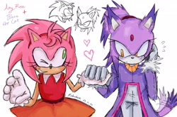 Size: 2048x1353 | Tagged: safe, artist:thescroingle, amy rose, blaze the cat, cat, hedgehog, 2022, amy x blaze, amy's halterneck dress, blaze's tailcoat, cute, female, females only, hearts, holding hands, lesbian, one eye closed, shipping