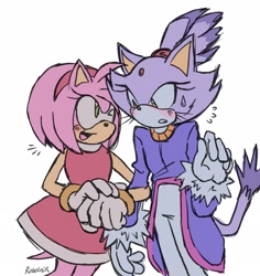 Size: 1840x1950 | Tagged: safe, artist:thescroingle, amy rose, blaze the cat, cat, hedgehog, 2022, amy x blaze, amy's halterneck dress, blaze's tailcoat, blushing, cute, female, females only, holding hands, lesbian, one eye closed, shipping, sweatdrop